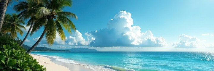 Majestic coconut palms and dramatic cloudscape, blue hues dominate , tropical, scenic, bright