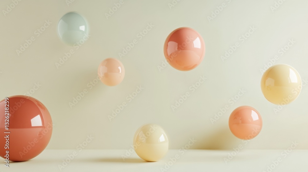 Poster pastel spheres composition abstract floating 3d balls with matte background, modern design.
