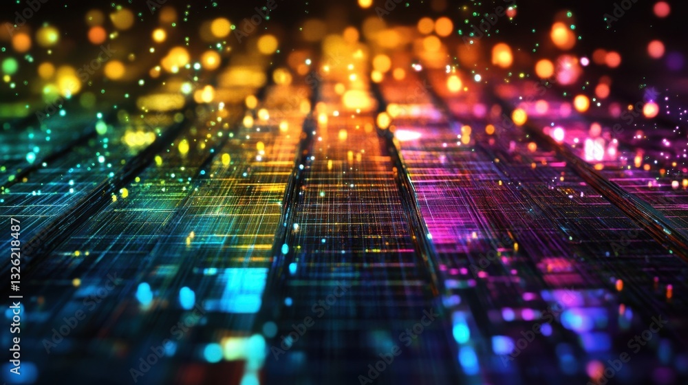Poster futuristic abstract background with colorful bokeh lights and grid pattern for technology concepts.