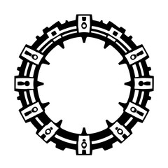 Intricate Black and White Geometric Circular Design Featuring Rectangular and Circular Shapes, Spikes, and Stripes, on White Background.