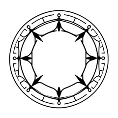 Intricate Black and White Circular Symbol with Geometric Designs and Pointed Embellishments, Isolated on White.