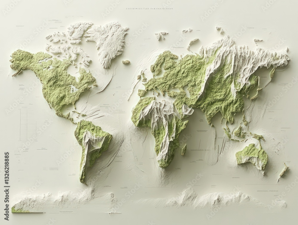 Poster abstract world map with topographic relief features in light green and cream colors representing con