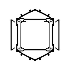Geometric hexagonal frame with square center and side panels, futuristic black and white minimalist design.