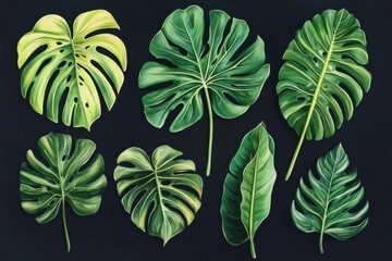 Fototapeta premium Illustration of various philodendron plant parts showcasing their unique leaf shapes and colors