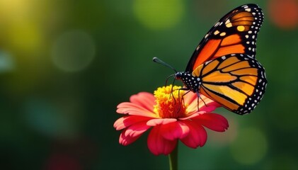Monarch butterfly perched on vibrant zinnia bloom , butterfly, wings