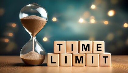 タイムリミットを意味する英語のtime limitの文字が書かれたキューブブロックと残り時間を表す砂時計。aiで生成