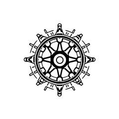 Obraz premium A symmetrical, black and white, stylized wheel design, featuring ornate geometric patterns and radial lines, set against a stark white background.
