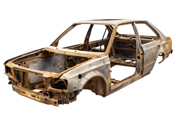  rusty abandoned car frame in a scrap yard isolated on white background PNG. GENERATIVE AI