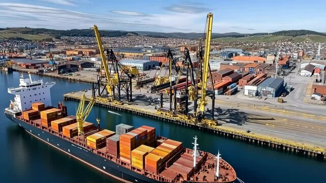 Container ship docked at a busy port engaging in cargo loading and unloading operations during a clear day