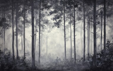 Fototapeta premium Moody Black and White Forest Landscape with Fog, Atmospheric Woods Scene