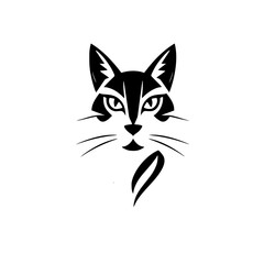 Striking Minimalist Cat Portrait: Black & White Geometric Design, Frontal View, Focused Eyes, Whisker Details, White Background.