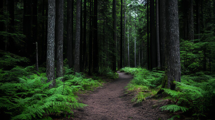 A winding path cuts through a serene forest filled with tall trees and vibrant green ferns. Soft light filters through the foliage, creating a peaceful atmosphere ideal for walking or exploring