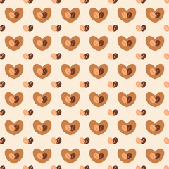 Pattern with hearts and coffee beans. Flat vector illustration. Paper, wrap paper, background, print, fabric, textile, cover, packaging. Bar, cafeteria, menu, coffee background.
