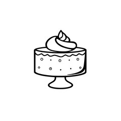 Minimalist Black and White Illustrated Cake on Pedestal with Swirled Frosting, Isolated on White Background.