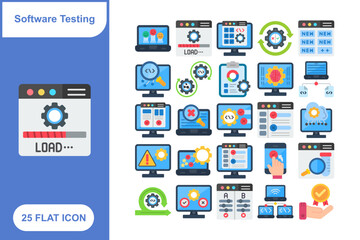 Software Testing Flat Icon Set, Collection of 25 Software Testing Flat Icon Set – 25 QA, Bug, and Code Debugging Icons