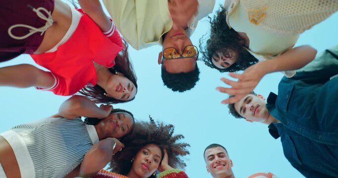 Below, face and people with fashion, blue sky and stylish clothes with confidence. Portrait, group and friends with circle, outdoor and relax with gen z, trendy outfit and hipster with pride