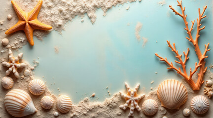 Seascape abstract composition with textured surface, pastel hues of beige, orange, teal, blue, detailed seashells, starfish, coral branches, marine theme, natural elements, peaceful coastal fine art d