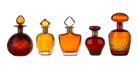 Pack Amber Perfume Bottle Set in Different Poses Against Transparent Background for Luxury Fragrance, Cosmetic Branding, or Beauty Promotion