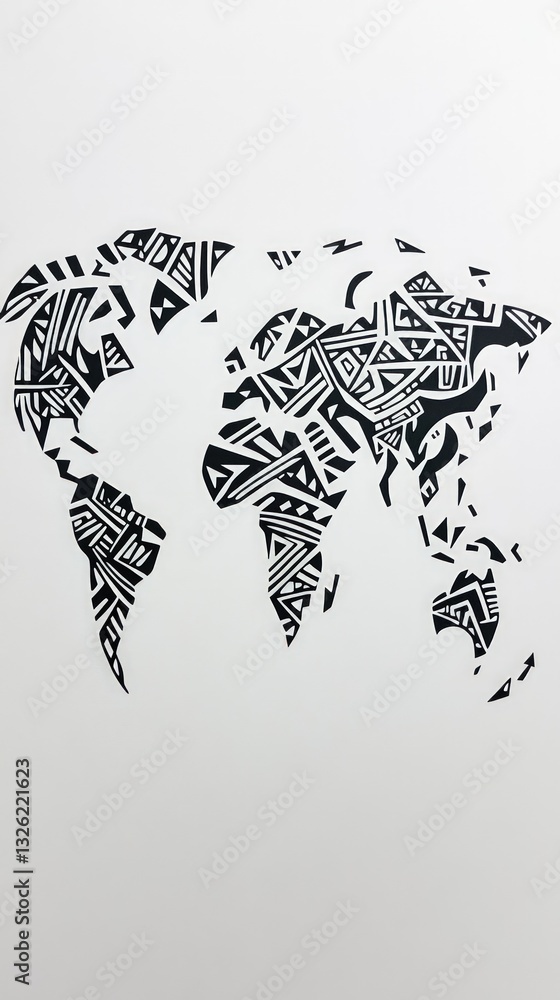 Poster black and white artistic world map design on a gradient background featuring geometric patterns