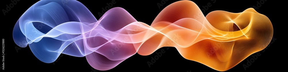 Poster flowing color gradient abstract intertwined waves on black background, dynamic movement of curves