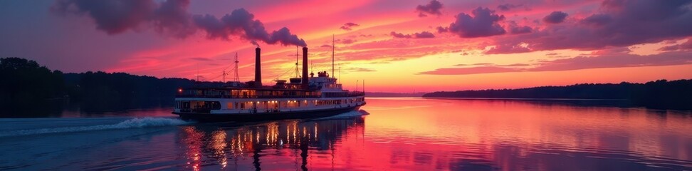 Mississippi River steamboat at dusk, vibrant sky colors, majestic scene, cruise, navigation, paddlewheel