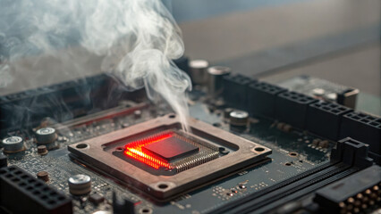 Close-up of a computer motherboard with a glowing red CPU and smoke rising from the chip, symbolizing hardware failure and technology malfunction. Concept of computer repair, IT troubleshooting