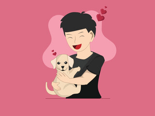 Adorable Cartoon Illustration of a Happy Boy Cuddling His Cute Puppy with Love