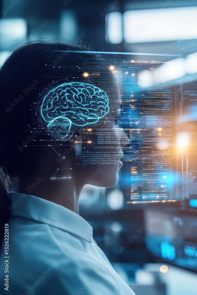 Poster a woman in a lab coat gazes thoughtfully while digital data streams and a glowing brain overlay illu
