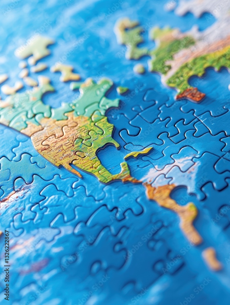 Aufkleber Close-up of a world map jigsaw puzzle. The image shows a partial, assembled map of the world focusing on North America and surrounding regions with a shallow depth of field