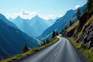 Fototapeta premium Narrow asphalt lane, steep cliffside, distant peaks, stock, turn