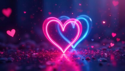 Neon pink & blue hearts forming swirling romantic scene , graphic, background