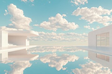 Fototapeta premium Solar Panels Reflect a Clear Blue Sky Over a Modern Architectural Landscape With Serene Cloud Formations