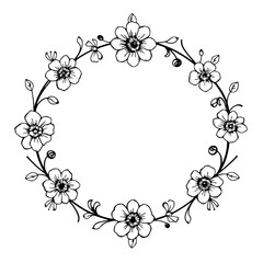 Delicate Hand-Drawn Floral Wreath: A Minimalist Circular Illustration of Flowers and Leaves for Decoration or Design.