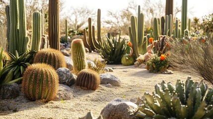 Desert Landscape with Various Types of Cactus Plants