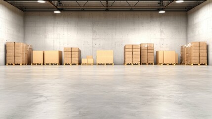 A spacious warehouse with stacked cardboard boxes on pallets, showcasing a clean concrete floor and industrial lighting.