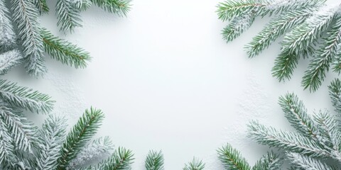 Obraz premium Elegant Snowy Pine Branches Frame on White Background for Christmas and Winter Design.