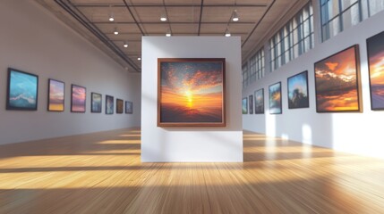 Modern Art Gallery Interior with Sunset Painting, Contemporary Design