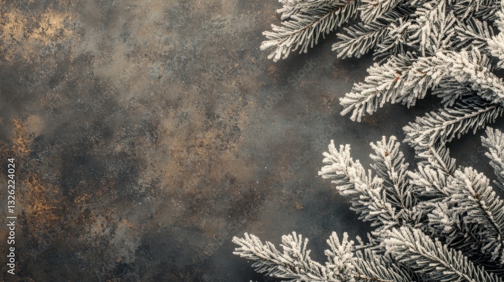 Aufkleber frosted fir tree branches on rustic dark background with copy space