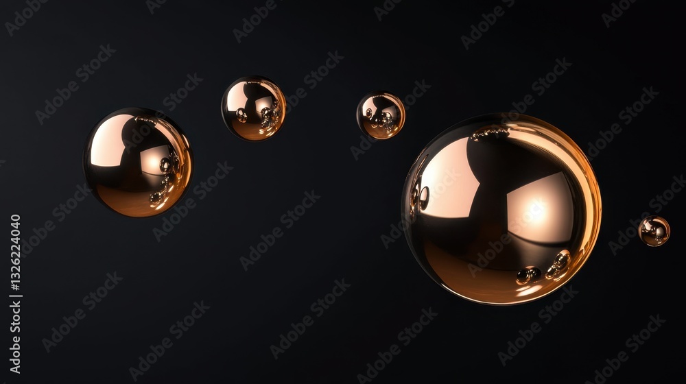 Poster abstract copper spheres floating in a dark space, modern design element