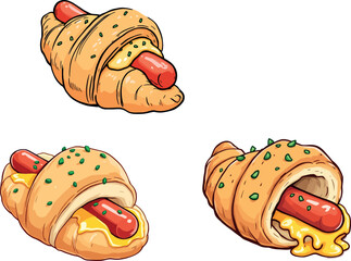 Vsai sausage croissant with cheese and herbs in four variations, showing different angles and toppings