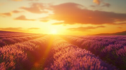 Fototapeta premium Breathtaking Lavender Field at Golden Sunset A Dreamy Floral Landscape.