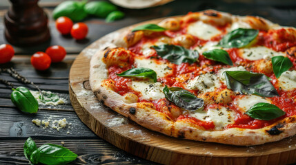 margherita pizza with basil leaf and mozzarella on a wooden table