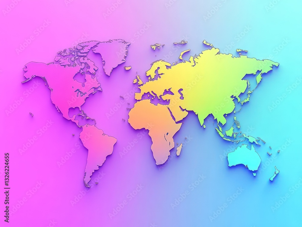 Poster digital world map illustration with colorful gradient, pixelated texture, and shadow effect on a vib