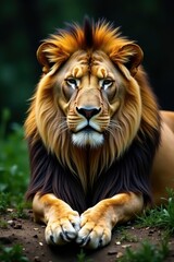 Obraz premium Majestic male lion, slumbering peacefully in his zoo enclosure , grassland, nature, claws