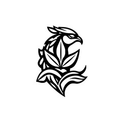 Monochromatic Emblem of a Stylized Bird Head with Leaf-Inspired Elements, Creating an Ornamental Design.