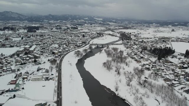 4Kドローン空撮・青森県の冬・雪景色・弘前市和田町