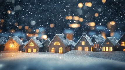 Fototapeta premium Cozy Winter Village Miniature Houses Glowing Under a Snowy Night Sky.