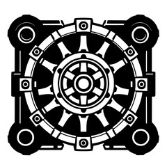 Futuristic, geometric, black-and-white, symmetrical, circular tech design, resembling a machine component or energy device, isolated on white.
