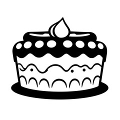 Bold Black and White Vector Illustration of a Layered Cake with Detailed Decorations, Including Polka Dots and a Droplet Topping, on a Solid White Background.