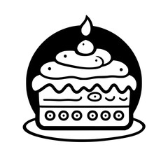 Whimsical Illustrated Black and White Cake on Plate with Candle, Decorative Layering and Textured Detailing, Abstract Concept.